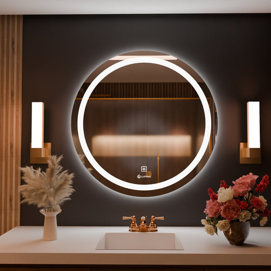Glass Round Led Wall Mirror For Bathroom,Wash Basin Mirror 3 Led Lights(Warm,White,Natural White,Size 24X24 Inch,Framed)