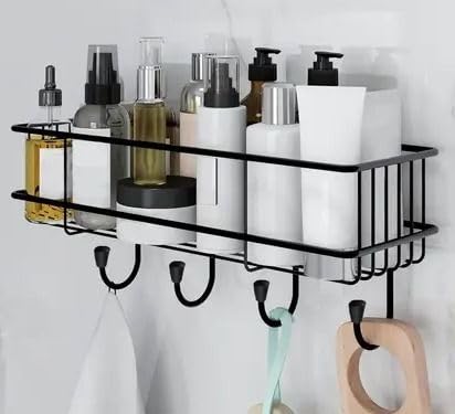Self-Adhesive Shower Caddy 2-Tier, MS Metal Bathroom Shelf & Wall Organizer, Rustproof Black Finish, Strong Hold No-Drill Installation, Space Saving Storage for Bathroom Kitchen