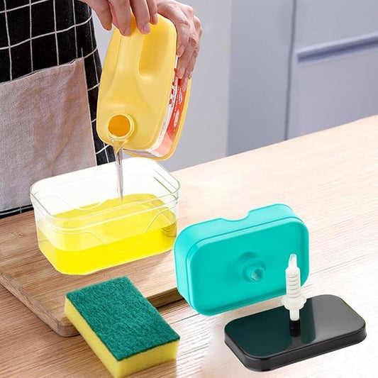 2-in-1 Soap Dispenser with Sponge Holder 400ml | Liquid Dispenser Pump for Hand Wash Dishwashing Liquid | Square Bathroom & Kitchen Sink Accessory