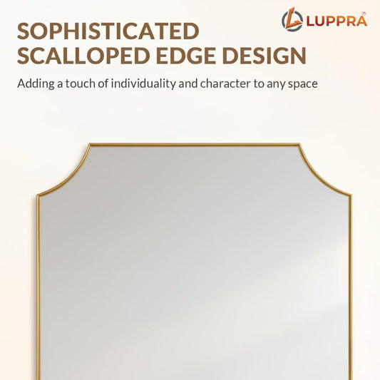 12x18 Inch Gold Scalloped Vanity Mirror – Brushed Antique Finish with Anti-Rust Plastic Frame, Elegant Wall-Mounted Bathroom Mirror for Home Décor & Remodel
