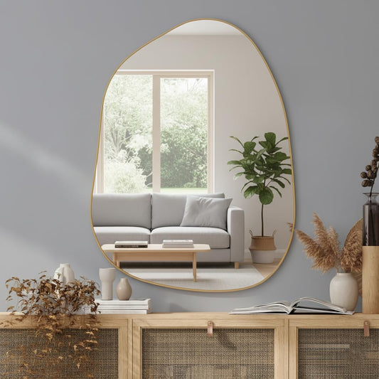 12x18 Inch Gold Irregular Asymmetrical Wall Mirror – Modern Plastic Frame, Decorative Wall-Mounted Mirror for Bathroom, Bedroom, Living Room & Entryway