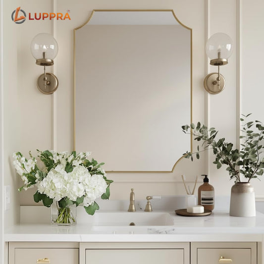 12x18 Inch Gold Scalloped Vanity Mirror – Brushed Antique Finish with Anti-Rust Plastic Frame, Elegant Wall-Mounted Bathroom Mirror for Home Décor & Remodel