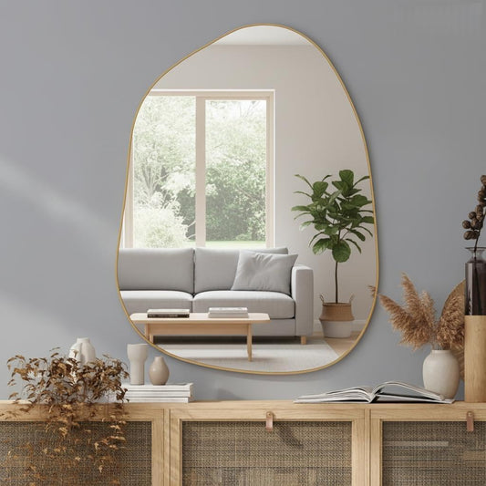 LUPPRA Irregular Wall Mirror 12x18 Inch – Stylish Gold Plastic Frame, Contemporary Wall-Mounted Mirror for Home Décor & Vanity