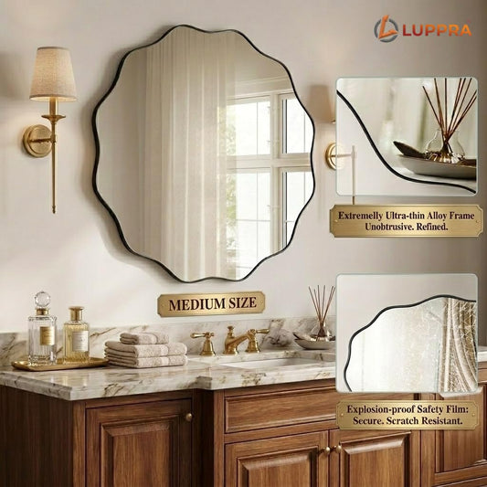 LUPPRA 18" Black Scalloped Wavy Round Mirror – black plastic Frame, Stylish Wall & Leaning Mirror for Bathroom, Hallway, Entryway, Living Room
