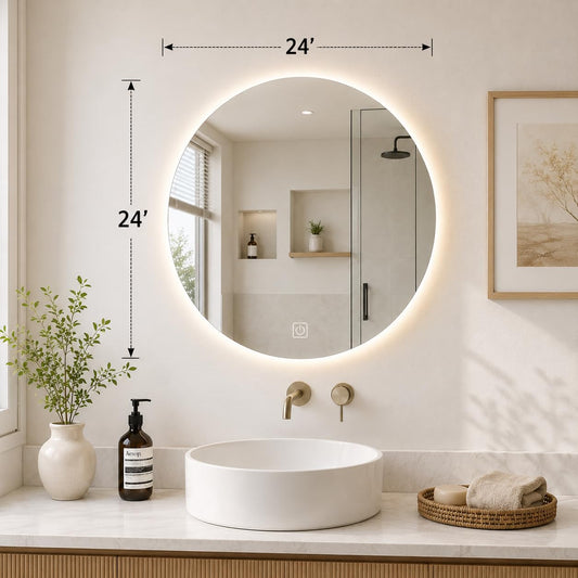 24 * 24 inch Frameless Round Wall-Mounted LED Mirror Trio Color Lighting, Stepless Dimmer & Memory Recall for Vanity & Bathroom
