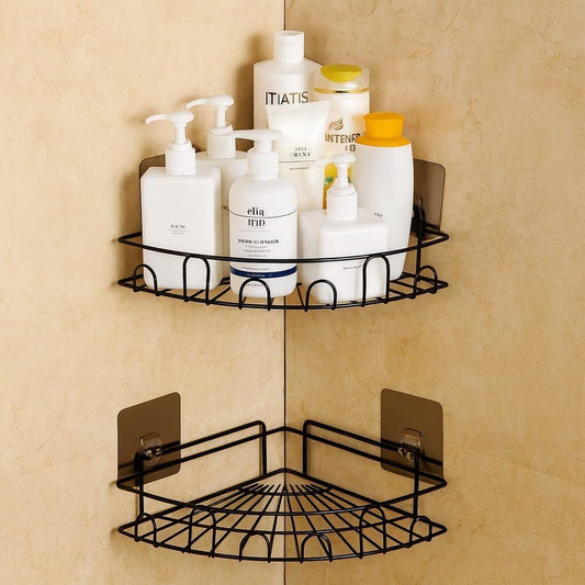 Bathroom Wall Rack – Pack of 2, Self-Adhesive Corner Shelf Ms Metal Wall Shelf (Number of Shelves - 2, Black)