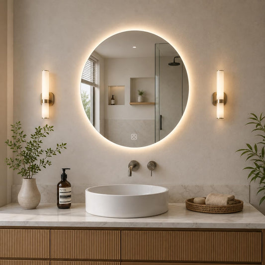 24 * 24 inch Frameless Round Wall-Mounted LED Mirror Trio Color Lighting, Stepless Dimmer & Memory Recall for Vanity & Bathroom