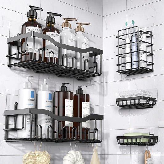 LUPPRA 5-Piece Self-Adhesive Wall Mounted Shelves with Toothbrush Holder & Hooks, MS Metal Wall Shelf Set, Black