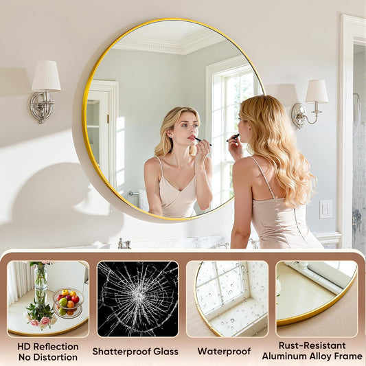 LUPPRA Gold Round Wall Mirror 24 Inch | Decorative HD Clear Mirror for Bedroom, Bathroom, Vanity, Wash Basin & Living Room | Aluminum Frame, Aesthetic...