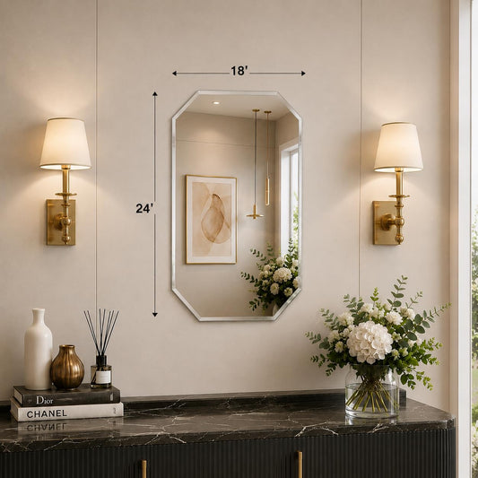 LUPPRA 18 * 24 inch Frameless Octagon Wall Mount Beveled Glass Mirror for Bathroom & Living Room