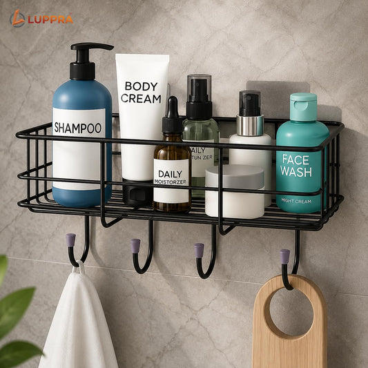 Self-Adhesive MS Metal Shower Basket Bathroom Shelf & Organizer Wall Mounted – (Black, 2 Shelves)