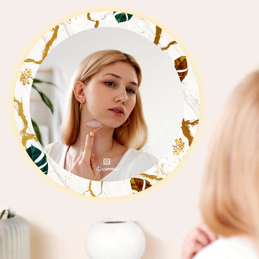 LUPPRA Glass Round 24X24 Inch decorative art unique UV Printed mirror 3-Color Light (Warm, White, Natural) | Mirror Light, Wash Basin Wall, Fancy Washbasin,Smart LED Design .