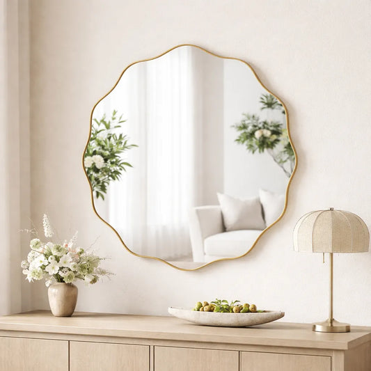 LUPPRA 18" Gold Scalloped Wavy Round Mirror – Gold plastic Frame, Stylish Wall & Leaning Mirror for Bathroom, Hallway, Entryway, Living Room