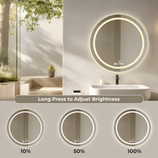 Round LED Bathroom Mirror with Sensor/3 Tone(White Light, Natural Light, Warm Light)/Designer Mirror for Living Room/Bedroom/Dressing Room,(Golden Aluminium Framed),Size 24x24 Inch.