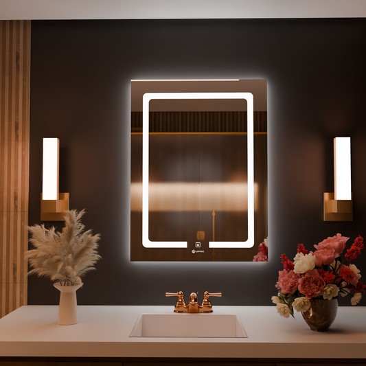 LUPPRA Rectengale 18x24 Inch Wall-Mounted LED Mirror with Smart Sensor and 3-Color Light (Warm, White, Natural) | Mirror Light, Wash Basin Wall Mirror, Fancy Washbasin Mirror,Smart LED Design