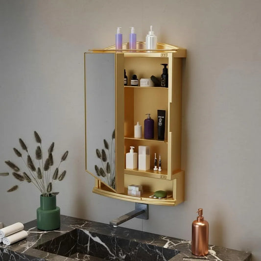 Plastic Premium Multipurpose Wall Mounted Storage Cabinet with Mirror – Space-Saving Bathroom & Bedroom Organizer, Sleek Prime Look (Gold)