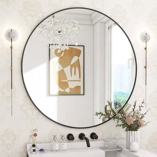 LUPPRA Black Round Wall Mirror, Bathroom black plastic Frame Hanging Circle Mirror for Bedroom Living Room Vanity Washroom Entryway (24X24 INCH).