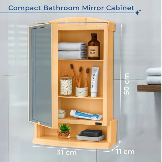 Plastic Premium Multipurpose Wall Mounted Storage Cabinet with Mirror – Space-Saving Bathroom & Bedroom Organizer, Sleek Prime Look (Gold)