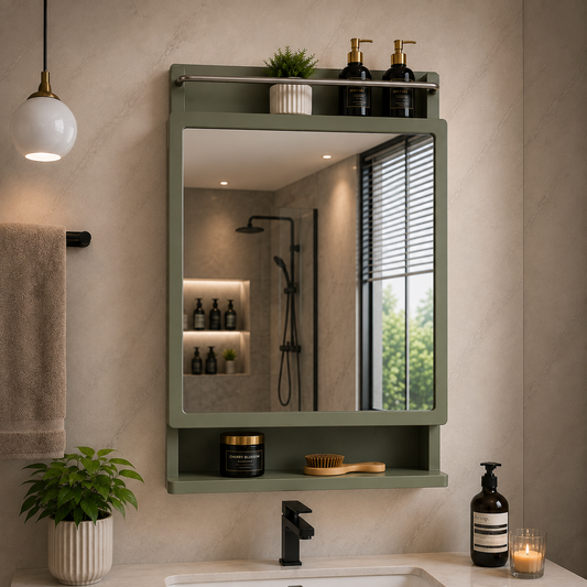 Wall Mounted Plastic Premium Multipurpose Storage Cabinet with Mirror – Space-Saving Bathroom & Bedroom Organizer, Sleek Finish (Mat Green)