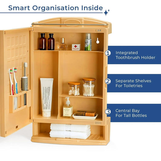 Plastic Premium Multipurpose Wall Mounted Storage Cabinet with Mirror – Space-Saving Bathroom & Bedroom Organizer, Sleek Prime Look (Gold)