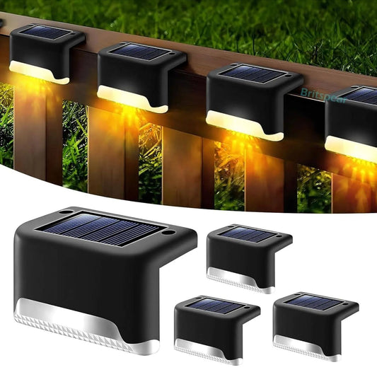 LED Solar Step Fence Lights for Outdoor Decks Warm Yellow Outside Lighting for Wall Garden Backyard Patio Balcony Decor (Pack of 4/Black) | Black | Set of 4