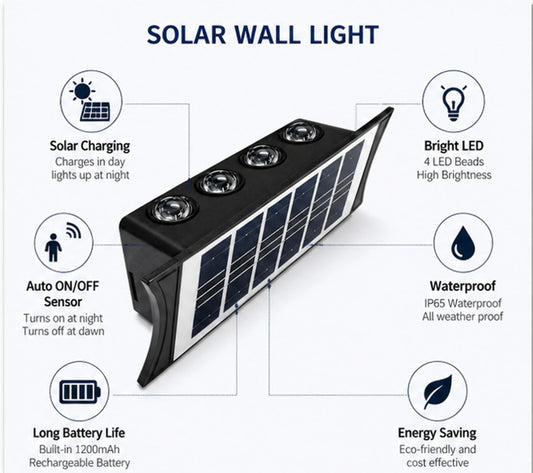 Solar Fence Lights Outdoor – 4 LED Waterproof Solar Wall Lights with Automatic Dusk to Dawn, Energy Saving Decorative Light for Fence, Garden, Patio, Yard & Pathway