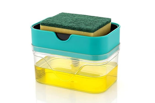 2-in-1 Soap Dispenser with Sponge Holder 400ml | Liquid Dispenser Pump for Hand Wash Dishwashing Liquid | Square Bathroom & Kitchen Sink Accessory