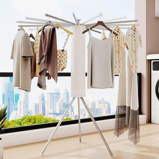 Aluminium Floor Cloth Dryer Stand, Foldable Clothes Drying Rack with 16 Rods, 360° Rotating Arms, Aluminium Indoor Outdoor Laundry Stand 1 Tier (White)