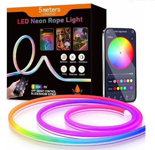 5M RGB Neon LED Strip Light with Remote & Silicone Diffuser – Flexible Multicolor Rope Light for Bedroom, Gaming Room & Home Decor
