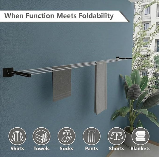 Steel Wall Cloth Dryer Stand, Metal Foldable Wall Mount Cloth Drying Stand with 30 Feet Rope, Wall Hanging 4 Tier for Balcony & Bathroom