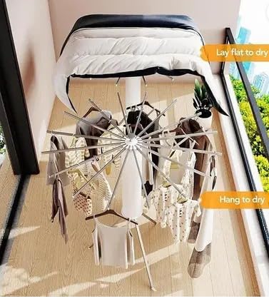 Aluminium Floor Cloth Dryer Stand, Foldable Clothes Drying Rack with 16 Rods, 360° Rotating Arms, Aluminium Indoor Outdoor Laundry Stand 1 Tier (White)