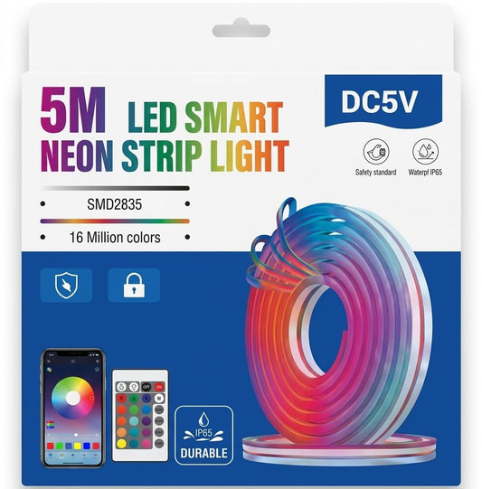 5M RGB Neon LED Strip – Remote & App Controlled, Music Sync Multicolor Lights for DIY Home, PC, Gaming & Wall Decor