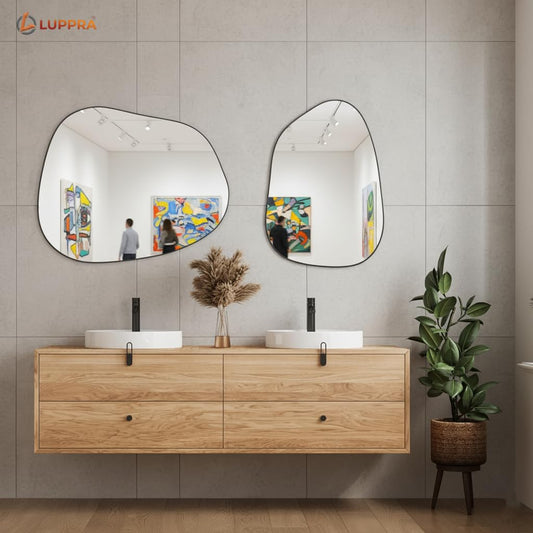 12x18 Inch Black Irregular Asymmetrical Wall Mirror – Modern Plastic Frame Decorative Vanity Mirror for Bathroom, Bedroom, Living Room & Entryway Décor