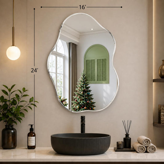 LUPPRA 16 * 24 inch Frameless Irregular Wall Mount Beveled Glass Mirror for Bathroom & Living Room