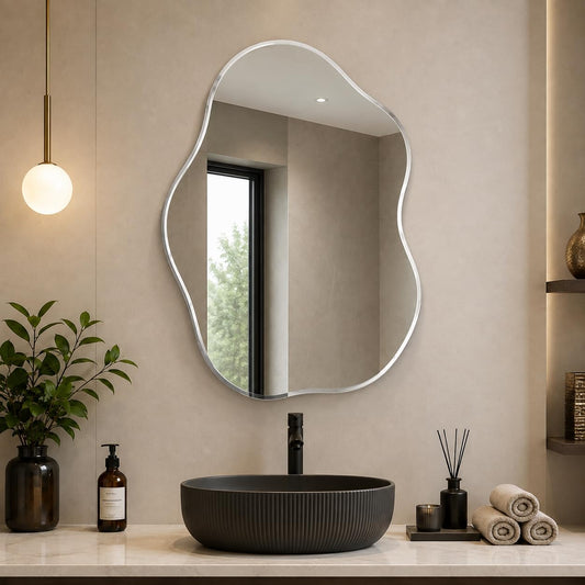 LUPPRA 16 * 24 inch Frameless Irregular Wall Mount Beveled Glass Mirror for Bathroom & Living Room