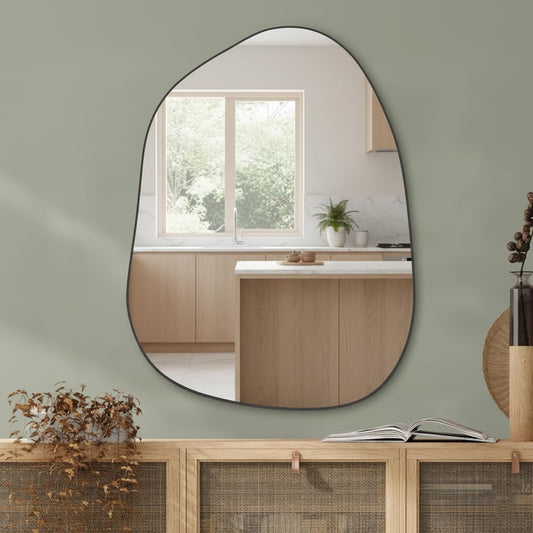 12x18 Inch Black Irregular Asymmetrical Wall Mirror – Modern Plastic Frame Decorative Vanity Mirror for Bathroom, Bedroom, Living Room & Entryway Décor