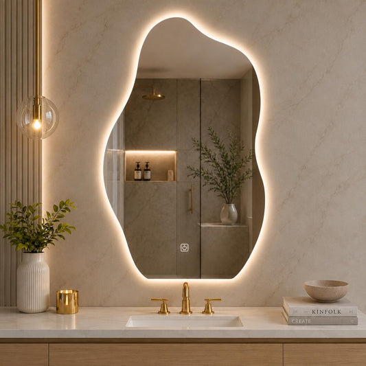 LUPPRA Frameless Irregular Wall-Mounted LED Vanity Mirror 16 * 24 Inch with Smart Touch Sensor & 3-Color Dimmable Light for Bathroom, Bedroom &...
