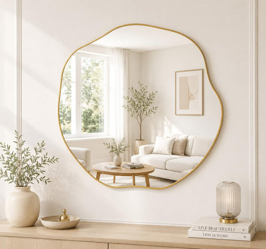 18 x 18 Inch Gold Irregular Wall Mirror – Modern Asymmetrical Design with Plastic Frame, Decorative Wall Mirror for Living Room, Bathroom, Bedroom & Entryway
