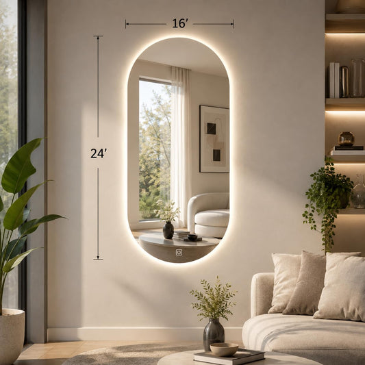 Frameless Oval Wall Mount LED Bathroom Vanity Mirror | 16x24 inch Lighted Bathroom Mirror with Lights, 3 Color Dimmable+Backlit, for Bathroom, Vanity,