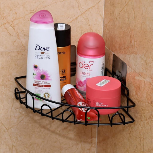Wall-Mounted Corner Storage Shelf Self-Adhesive MS Metal Wall Shelf Single Shelf Black for Bathroom Kitchen Home Space Saving Organizer