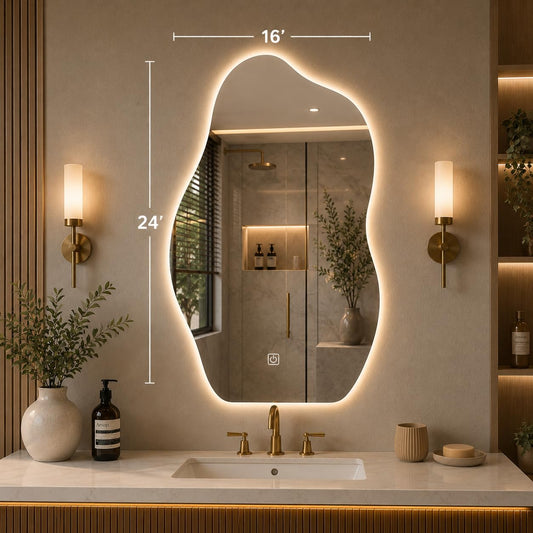 LUPPRA Frameless Irregular Wall-Mounted LED Vanity Mirror 16 * 24 Inch with Smart Touch Sensor & 3-Color Dimmable Light for Bathroom, Bedroom &...