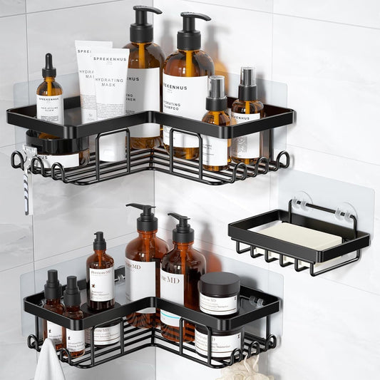 LUPPRA Adhesive Bathroom Corner Shelf Shower Caddy with Soap Holder & 12 Hooks, MS Metal Wall Mounted Shelf, 3 Shelves, Black