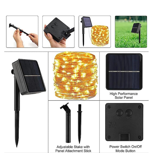 GIGAWATTS GW-501-200 Solar String Lights with 2V Panel 200 LED 8 Modes 800mAh Ni-MH Battery Decorative 22m Copper Rope Lighting for Indoor Outdoor Garden Patio Lawn Wedding (Pack of 1, Warm White)