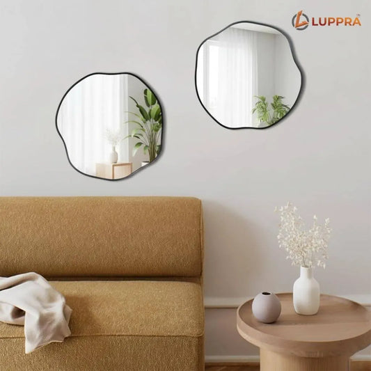 LUPPRA  Black Irregular Wall Mirror 18” – Modern Asymmetrical Decorative Mirror for Living Room, Bathroom, Bedroom & Entryway