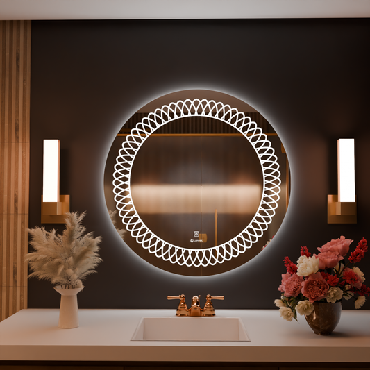 LUPPRA Round 24x24 Inch Wall-Mounted LED Mirror with Smart Sensor and 3-Color Light (Warm, White, Natural) | Mirror Light, Wash Basin Wall Mirror, Fancy Washbasin and Smart LED Design