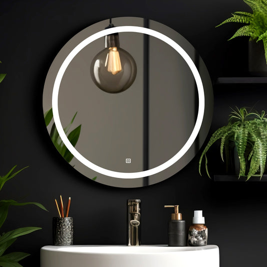 Round LED Bathroom Mirror with Sensor/3 Tone(White Light, Natural Light, Warm Light)/Designer Mirror for Living Room/Bedroom/Dressing Room,(Golden Aluminium Framed),Size 24x24 Inch.