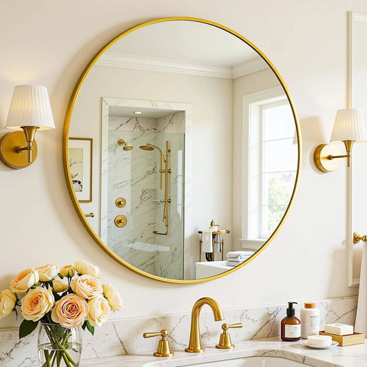 LUPPRA Gold Round Wall Mirror 24 Inch | Decorative HD Clear Mirror for Bedroom, Bathroom, Vanity, Wash Basin & Living Room | Aluminum Frame, Aesthetic...