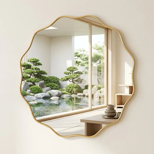 LUPPRA 18" Gold Scalloped Wavy Round Mirror – Gold plastic Frame, Stylish Wall & Leaning Mirror for Bathroom, Hallway, Entryway, Living Room