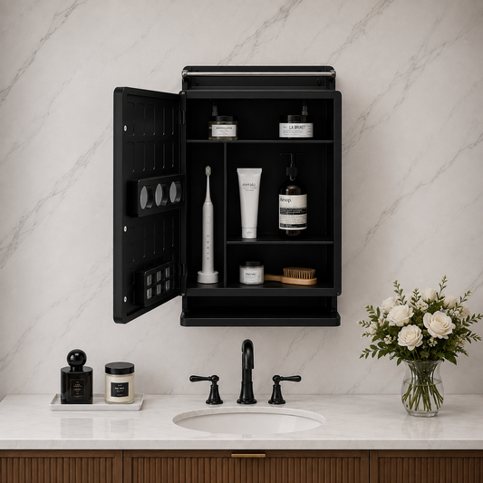 Wall Mounted Plastic Premium Multipurpose Storage Cabinet with Mirror – Space-Saving Bathroom & Bedroom Organizer, Sleek Finish (Black)