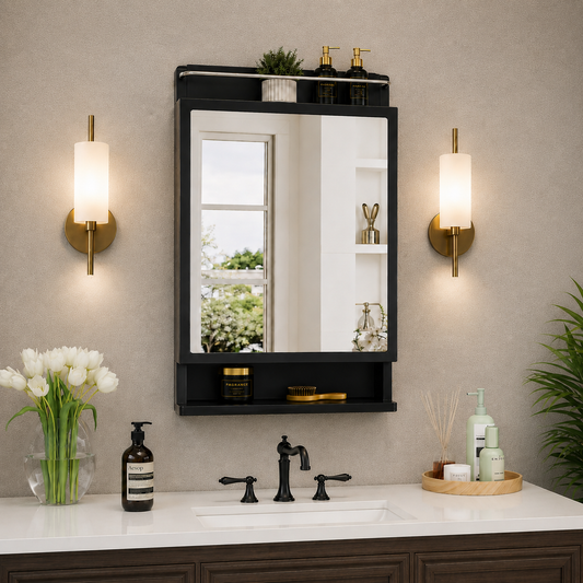 Wall Mounted Plastic Premium Multipurpose Storage Cabinet with Mirror – Space-Saving Bathroom & Bedroom Organizer, Sleek Finish (Black)